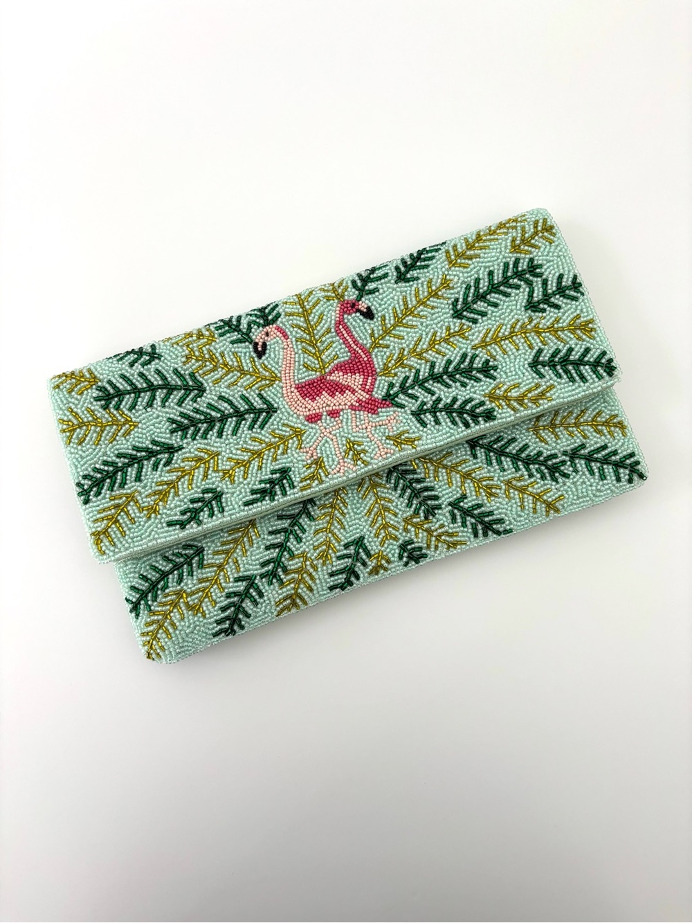 LCD Flamingo Beaded Envelope Clutch NWT Handmade Crossbody Mint Pink
